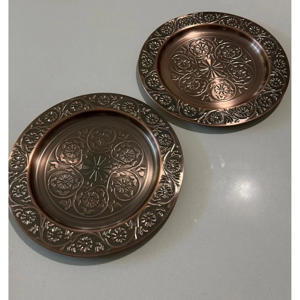 Vintage Aramco Imports Inc Copper Embossed Floral Metal Trays set of 2 11.5